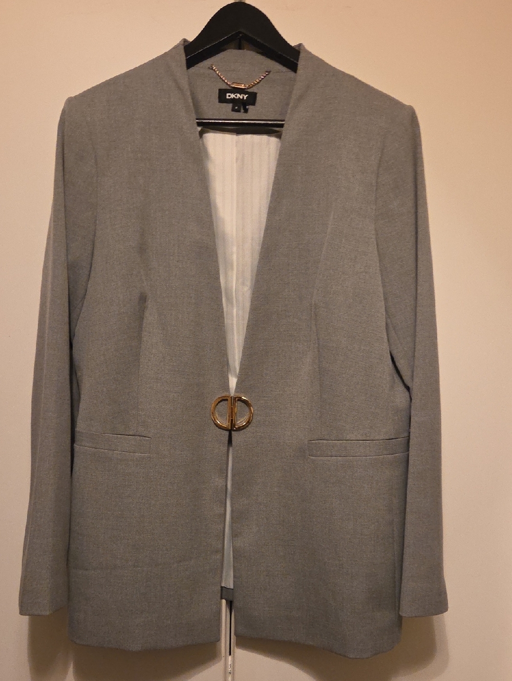DKNY Light Gray Collarless Blazer with Gold Ring Detail